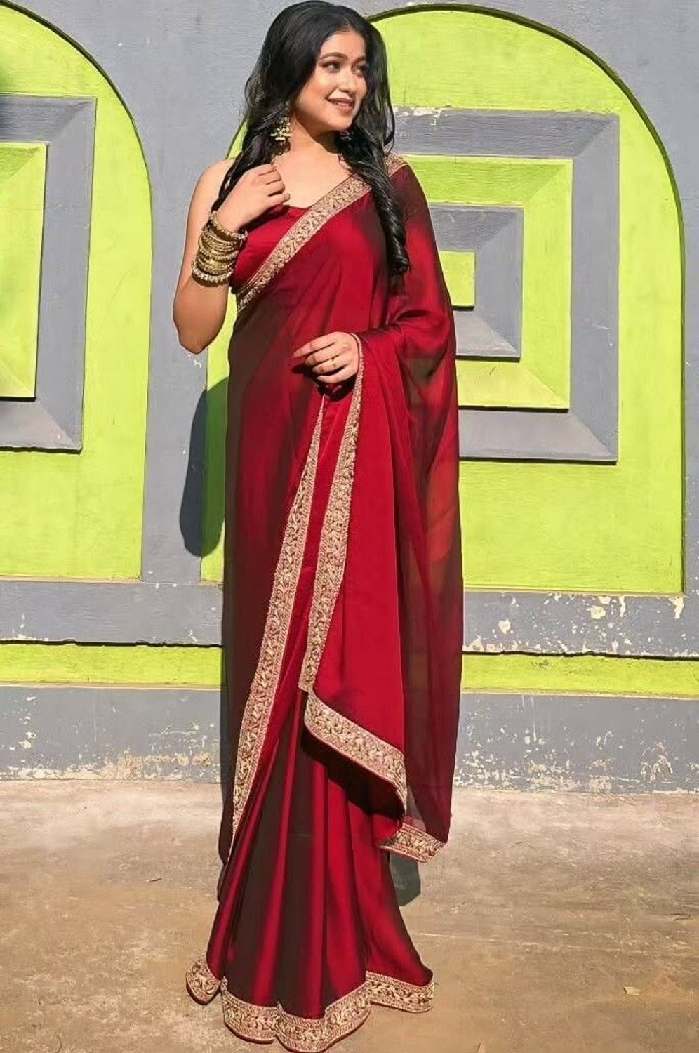 Image of ANJAVI FASHION Solid /Plain Bollywood Silk Blend Saree