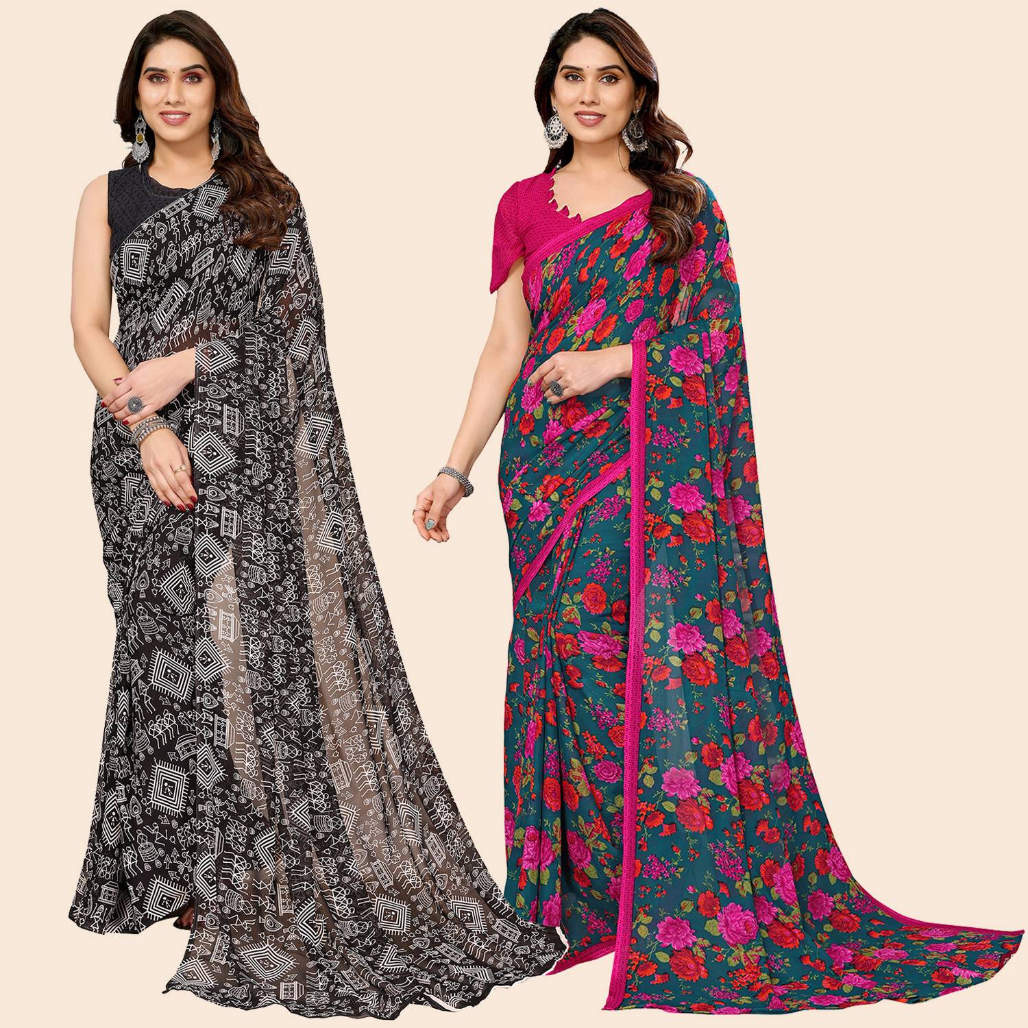 Anand Sarees Paisley, Ombre, Geometric Print, Floral Print, Striped, Checkered, Self Design, Printed Daily Wear Georgette Saree