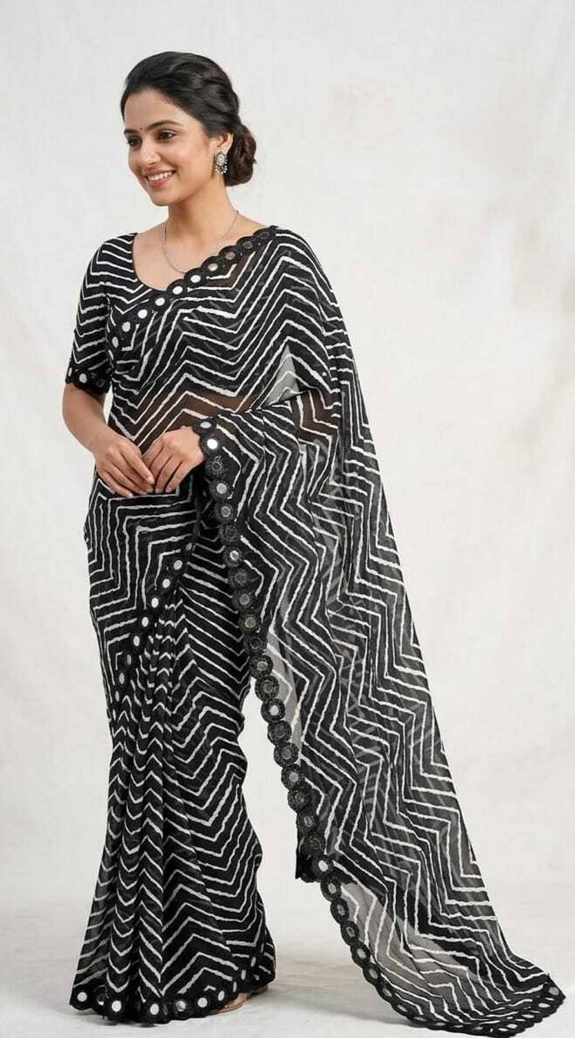 VARUN SILK Printed, Striped Bollywood Georgette Saree