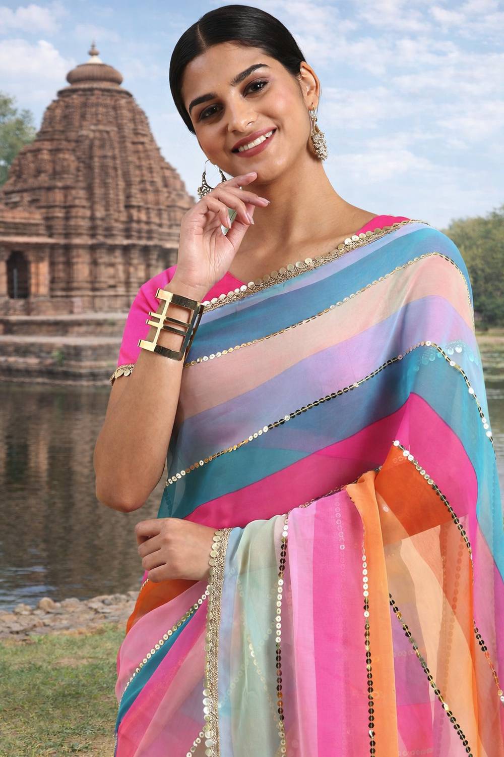 GAVUBAA Digital Print Bollywood Georgette Saree (Multicolor)
