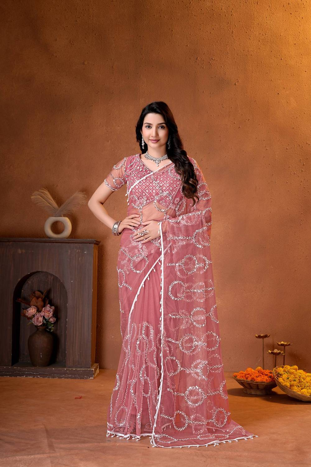 Kalyanja Fashion Embellished Bollywood Net Saree - Image 4