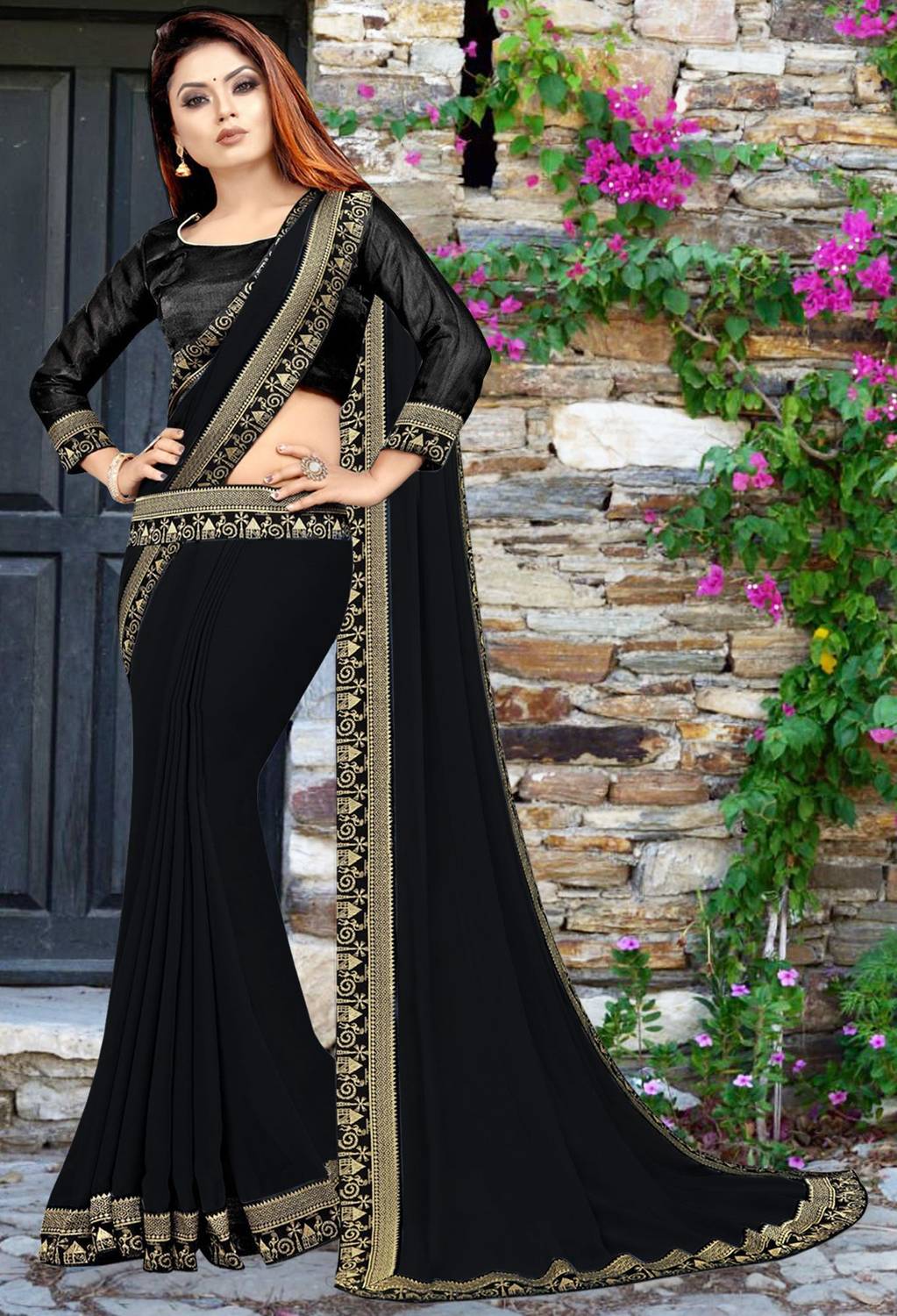 HNC Retail Solid/Plain Bollywood Lycra Blend, Chiffon Saree (Blac