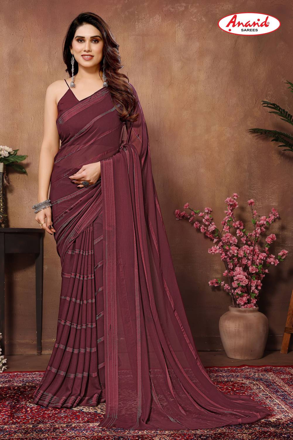 Anand Sarees Embellished, Striped, Self Design Bollywood Satin Sa