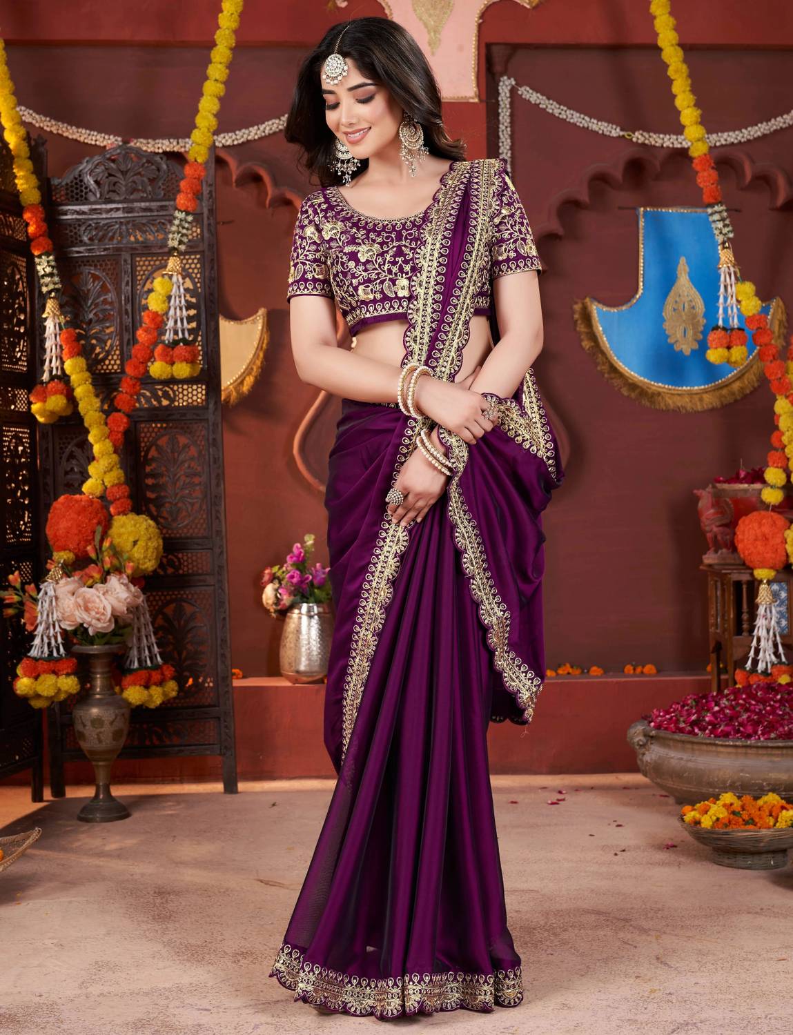 Vivan Fab Embroidered Bollywood Silk Blend Saree (Purple)