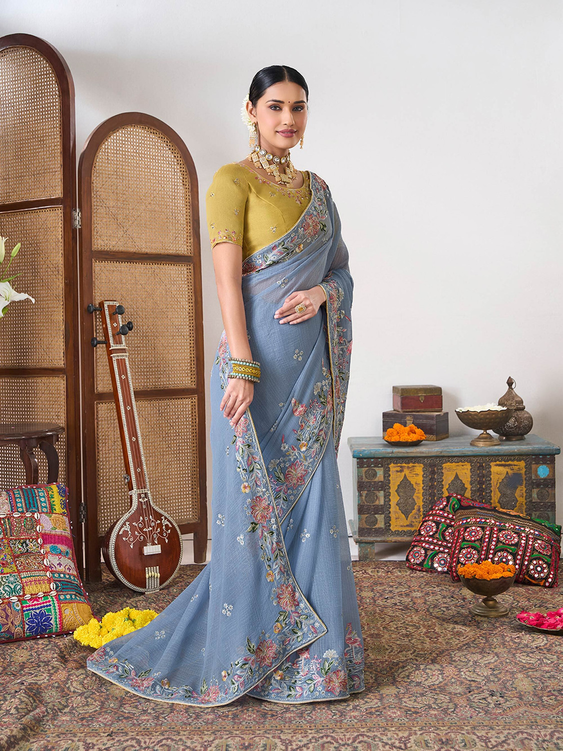 Image of Laxmipati sarees Embroidered, Floral Print Bollywood Chiffon Saree