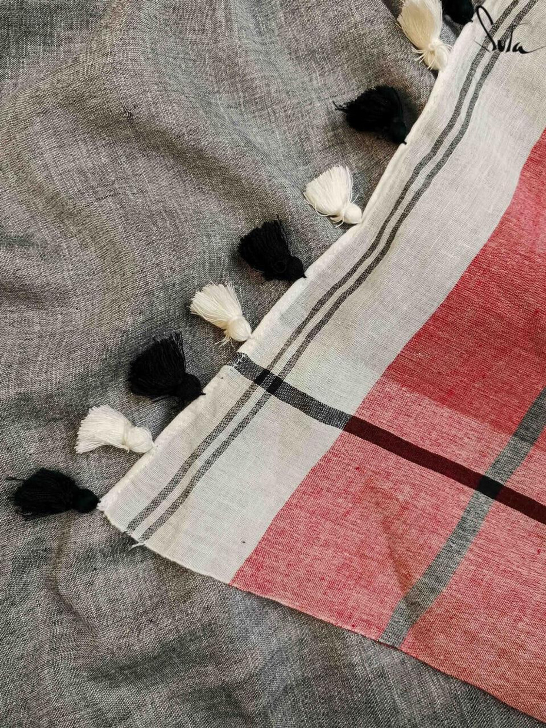 Image of SAPTAK FASHION Solid /Plain Handloom Cotton Blend Saree (White, Grey)