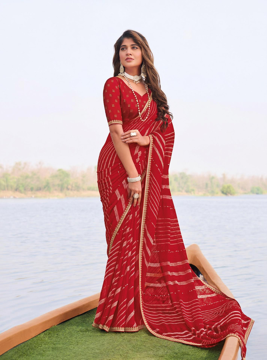 Image of Laxmipati sarees Striped Saree with Attached Blouse Chiffon Saree