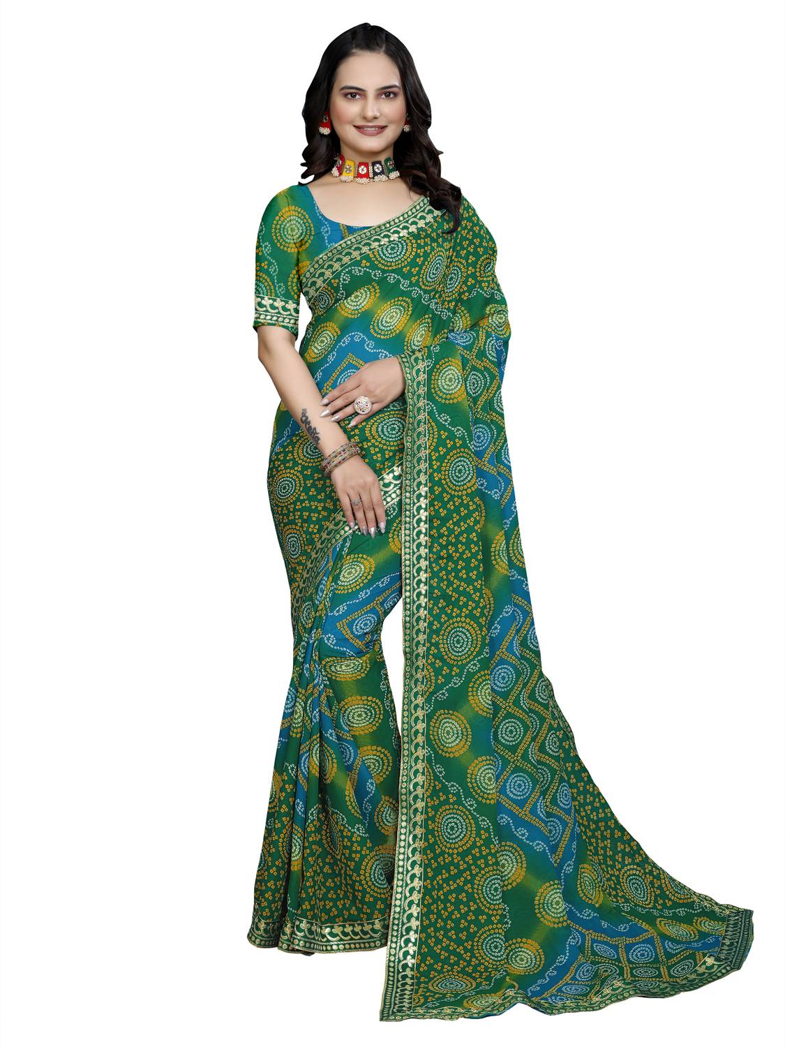 Kanooda Prints Printed Bandhani Georgette Saree (Green)