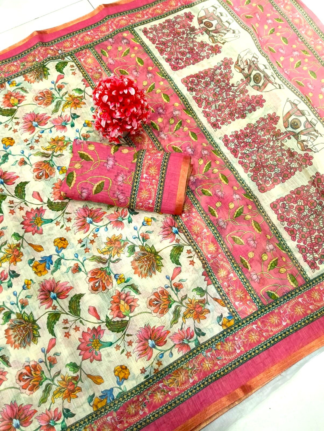 Image of DEVICE of NT Floral Print Kanjivaram Pure Cotton, Cotton Linen Saree