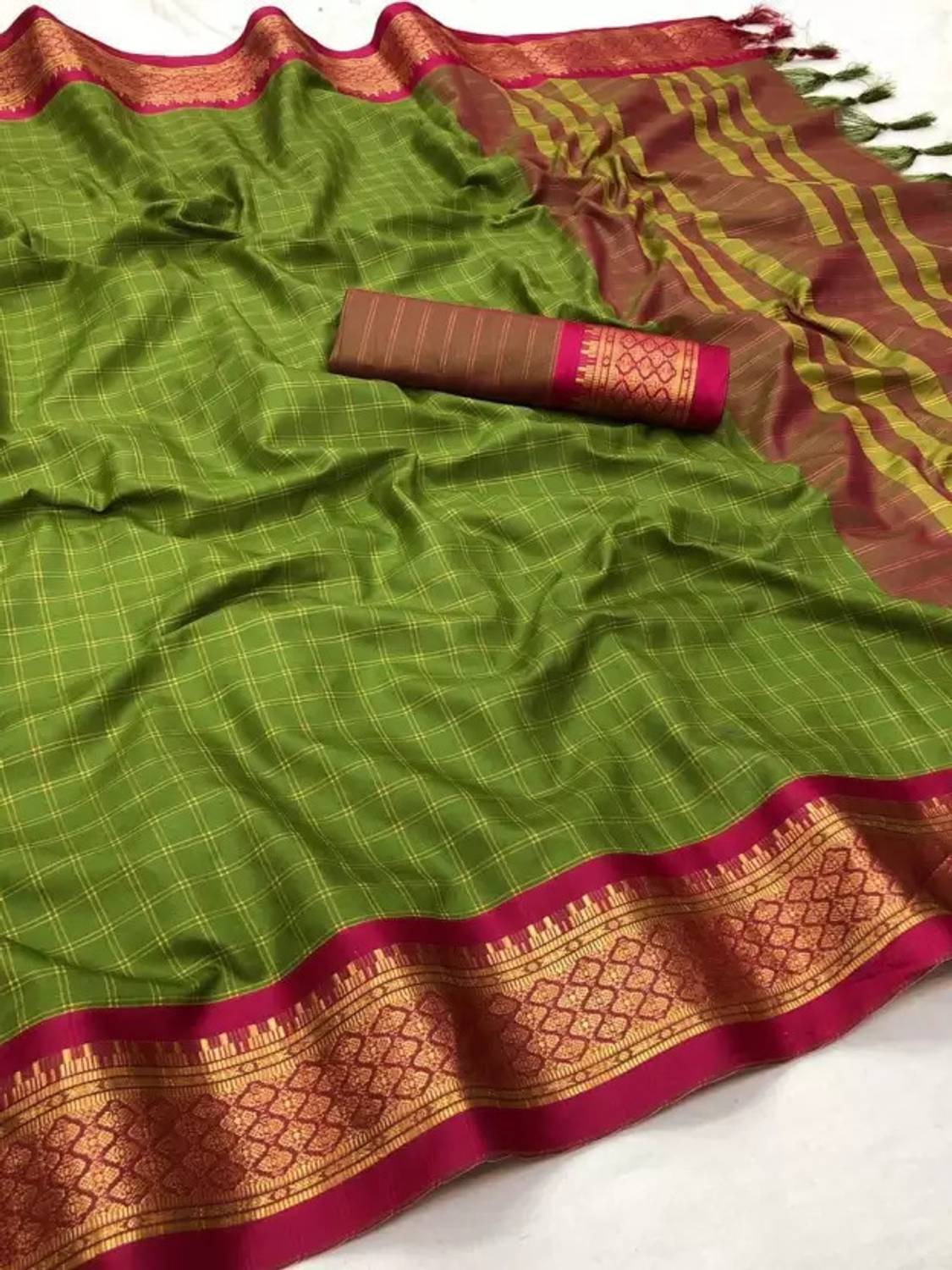 yourwish Woven, Checkered, Embellished, Self Design Daily Wear Jacquard, Cotton Silk Saree