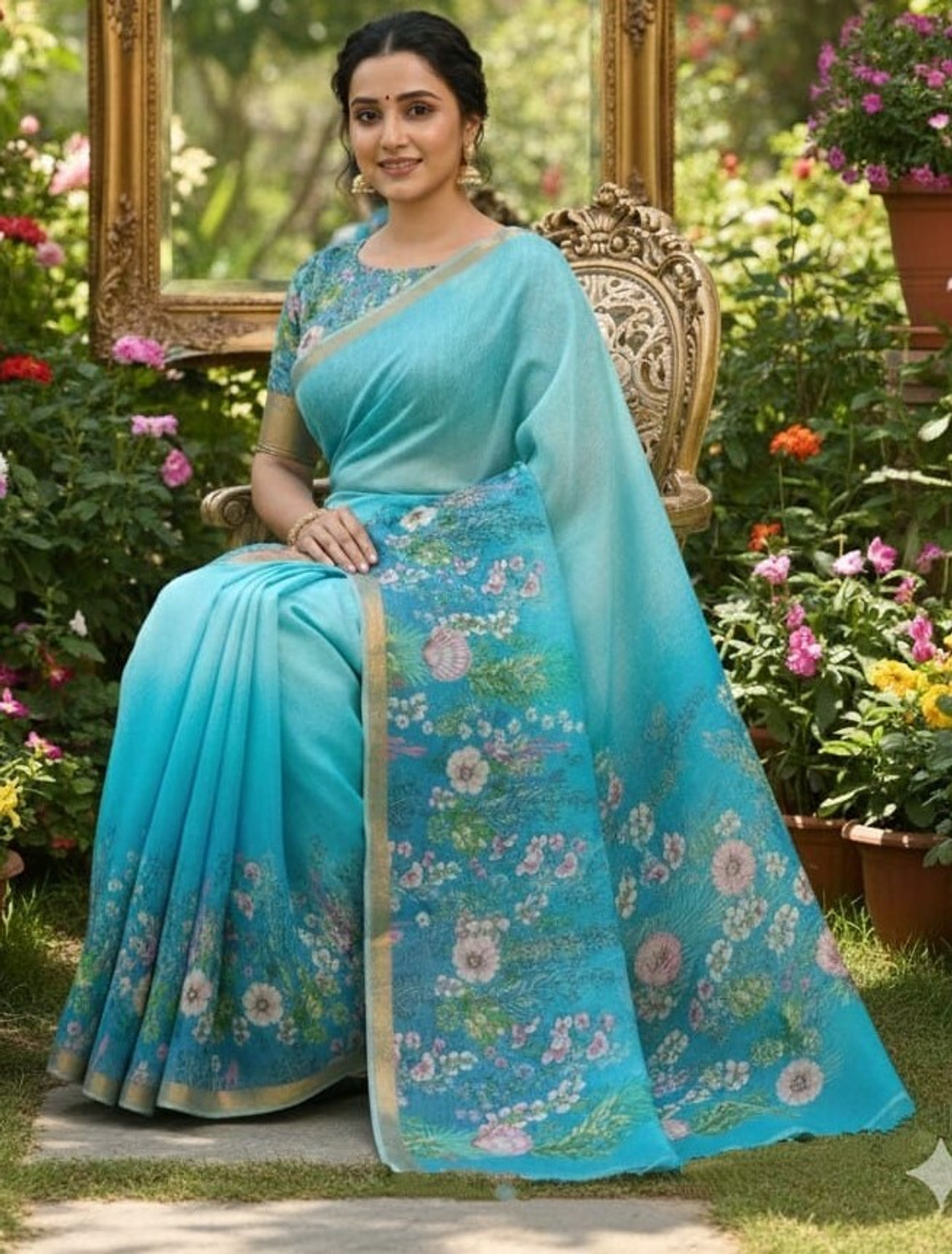 Image of M MAANVIT Floral Print Daily Wear Pure Cotton, Cotton Linen Saree