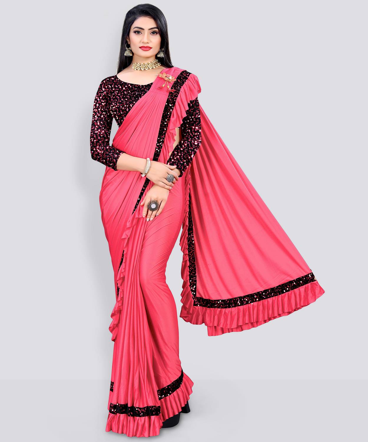 MIJAASHREE Embellished Bollywood Lycra Blend Saree (Pink)