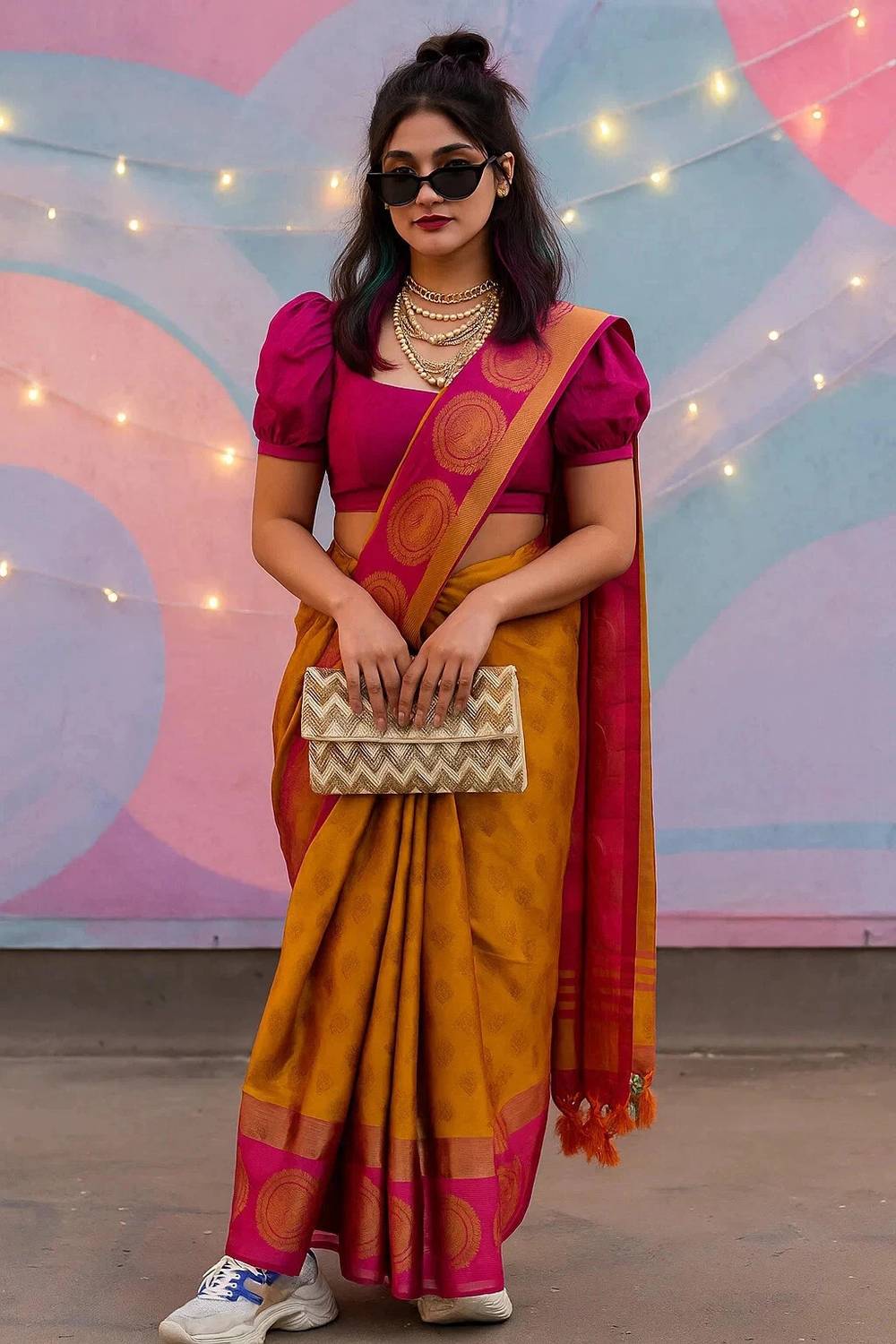 VILLAGIUS Woven Kanjivaram Cotton Silk, Art Silk Saree (Gold, Pin... more