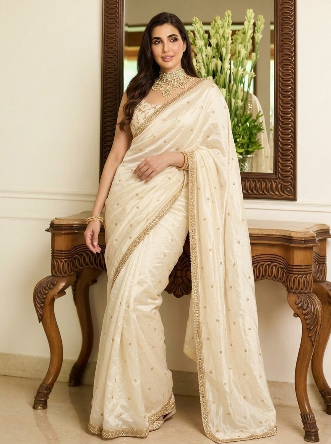 Image of Kalista Embroidered, Embellished Bollywood Satin Saree (White, Gold)