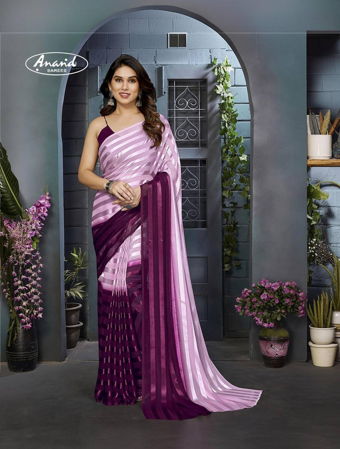 Anand Sarees Striped, Ombre, Self Design Bollywood Satin Saree