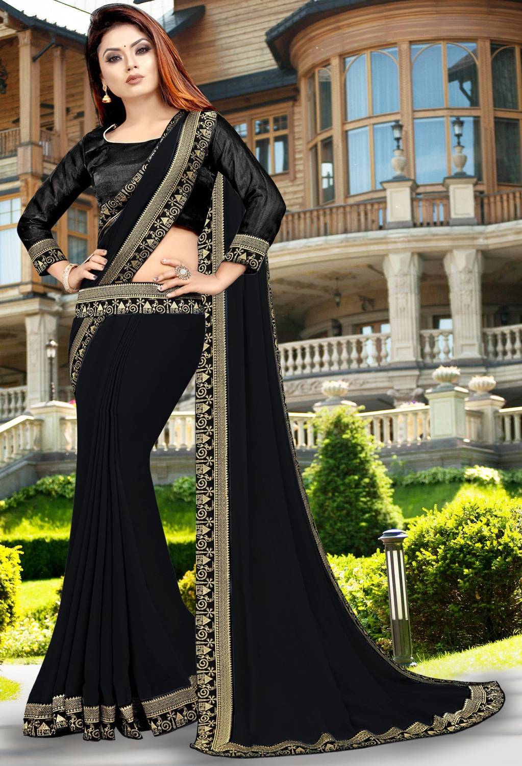 HNC Retail Solid/Plain Bollywood Lycra Blend, Chiffon Saree (Blac