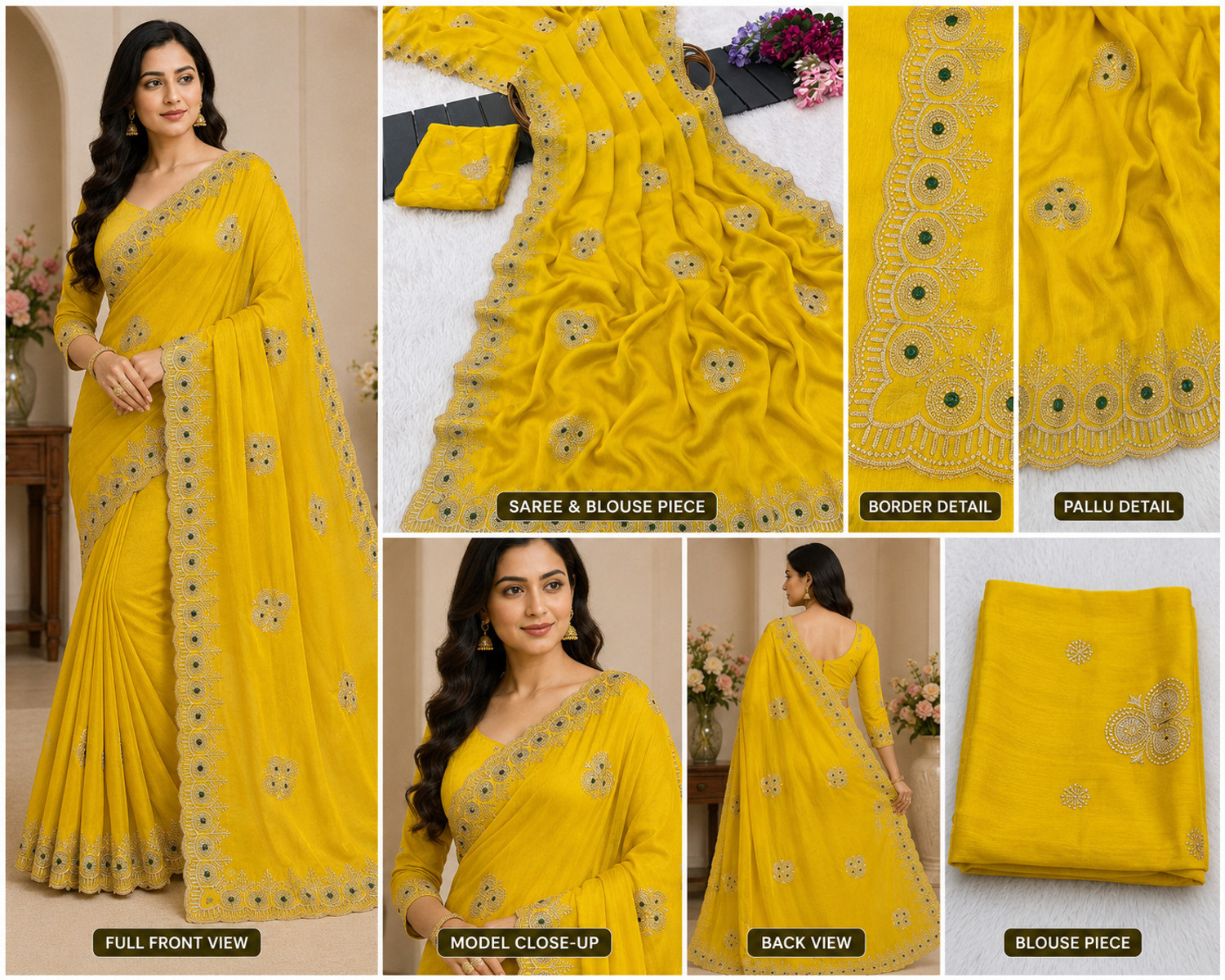 Image of VIDHI TEX Embroidered Bollywood Satin, Chiffon Saree (Yellow)