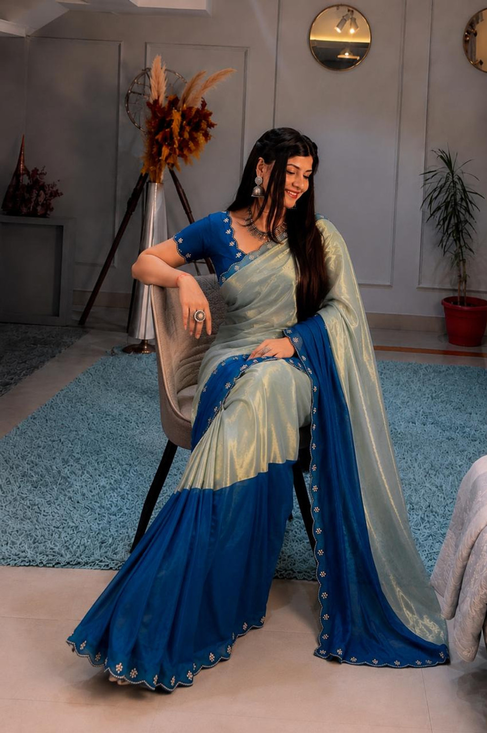 Image of sadala culture Embellished, Color Block Bollywood Tissue, Satin Saree