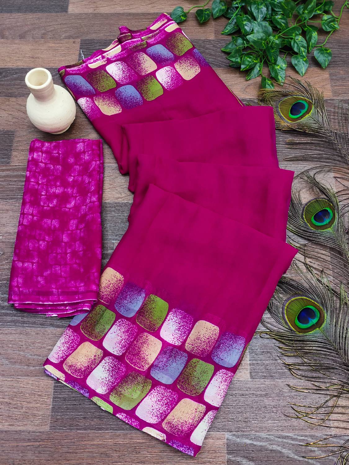 Anand Sarees Geometric Print Saree with Attached Blouse Georgette Saree