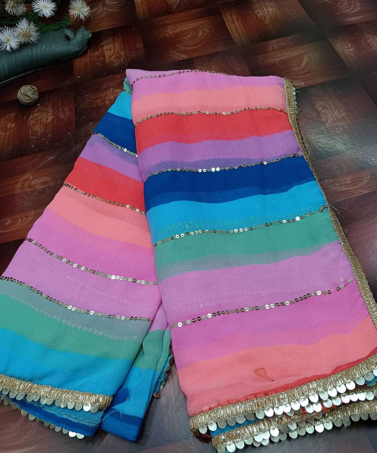 STANCH Striped Bollywood Georgette Saree (Multicolor)