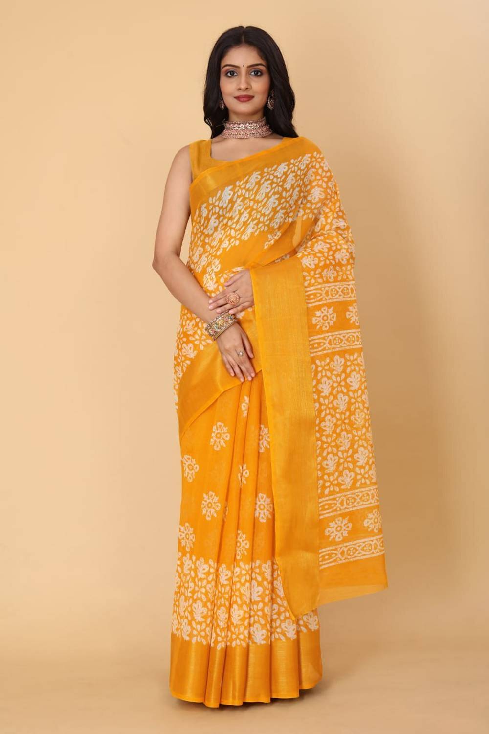 Khatupati Textile Floral Print Daily Wear Cotton Blend Saree (Yel