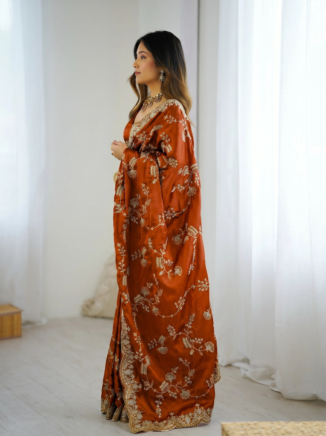 Image of SARETRA MALL Embroidered Bollywood Satin Saree