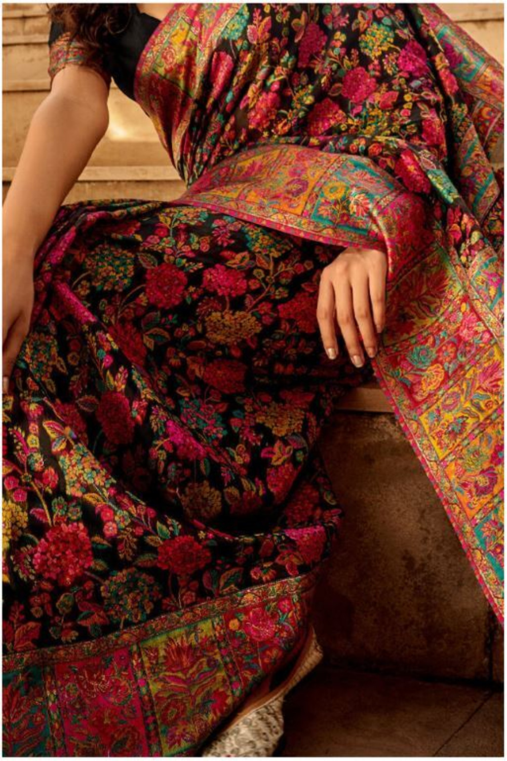 Image of FABKIND Floral Print Banarasi Cotton Silk Saree (Multicolor)