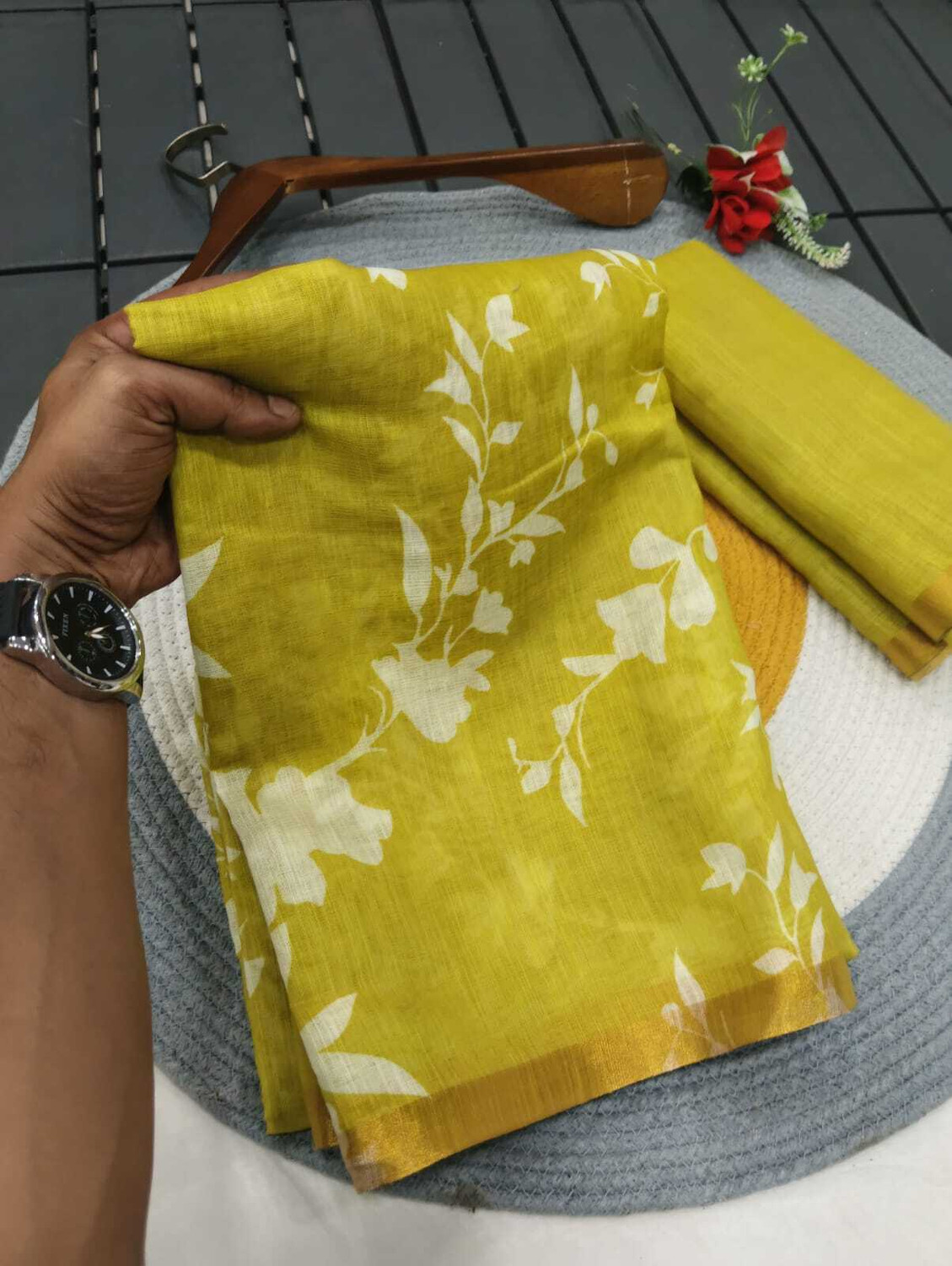 Image of DEVICE of NT Printed, Woven Kanjivaram Pure Cotton, Cotton Linen Saree
