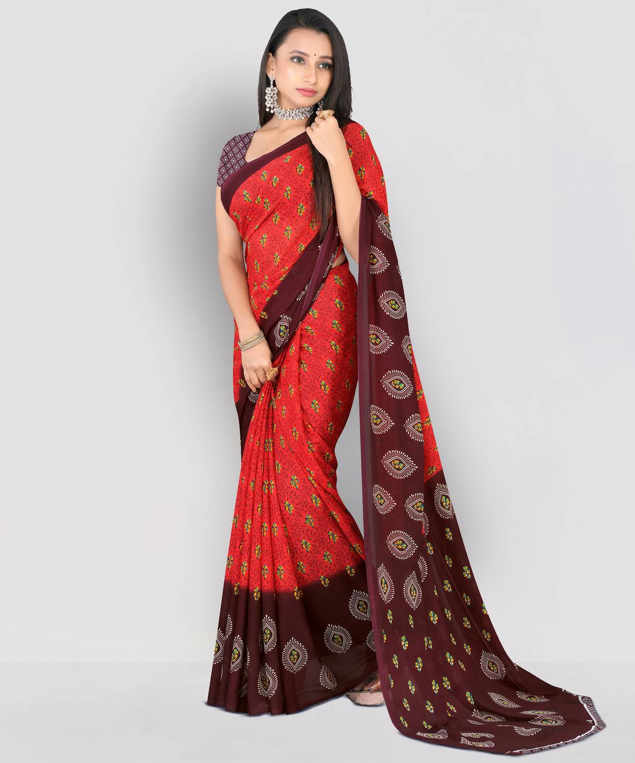 Leelavati Printed Daily Wear Georgette Saree (Red, Brown)