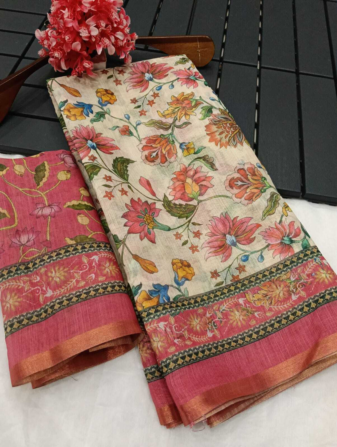 Image of DEVICE of NT Floral Print Kanjivaram Pure Cotton, Cotton Linen Saree