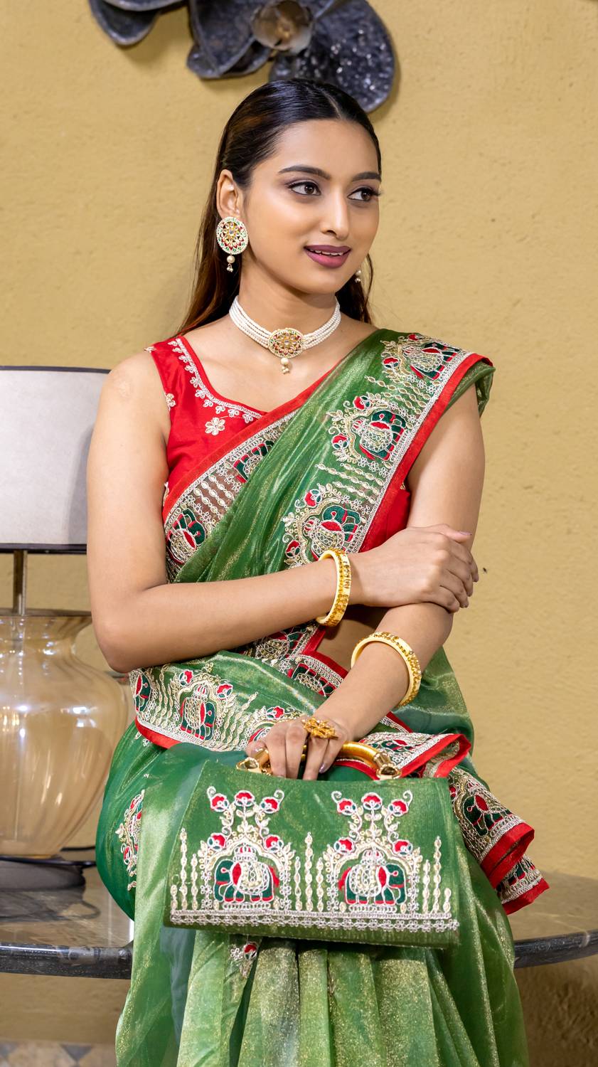 Krishna R fashion Embroidered Baluchari Organza Saree (Green)