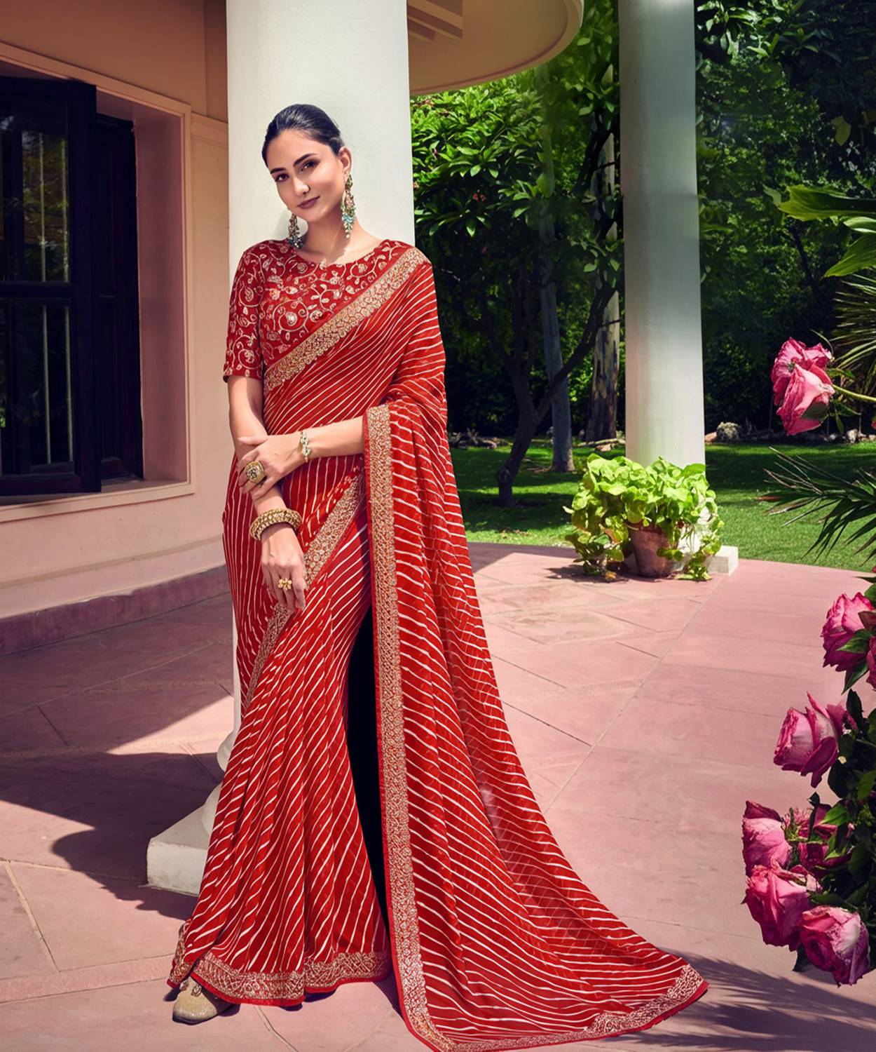 Siril Striped, Embellished Bandhani Georgette Saree (Red, Gold)