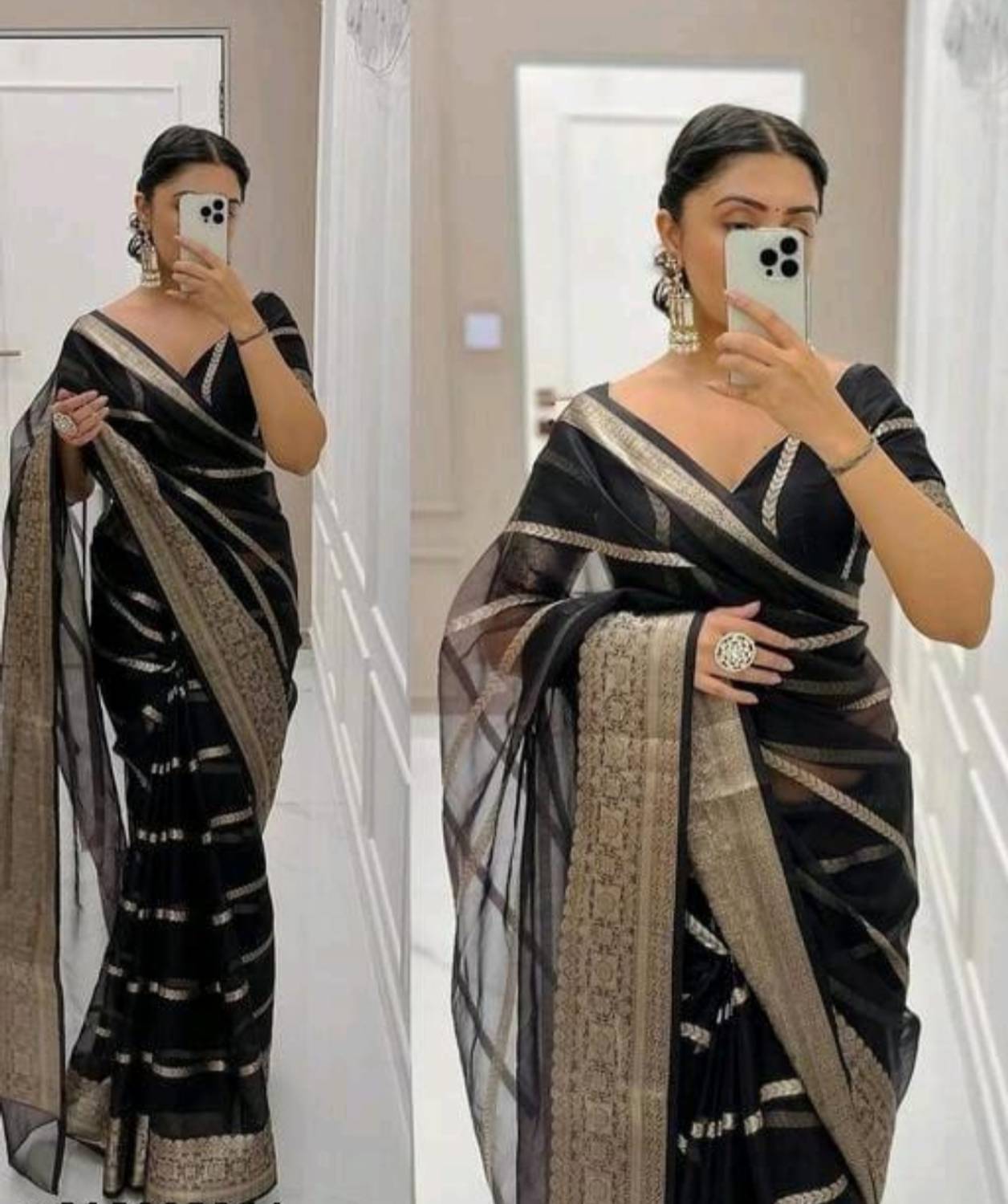Banaras silk palace Striped, Woven Banarasi Organza Saree