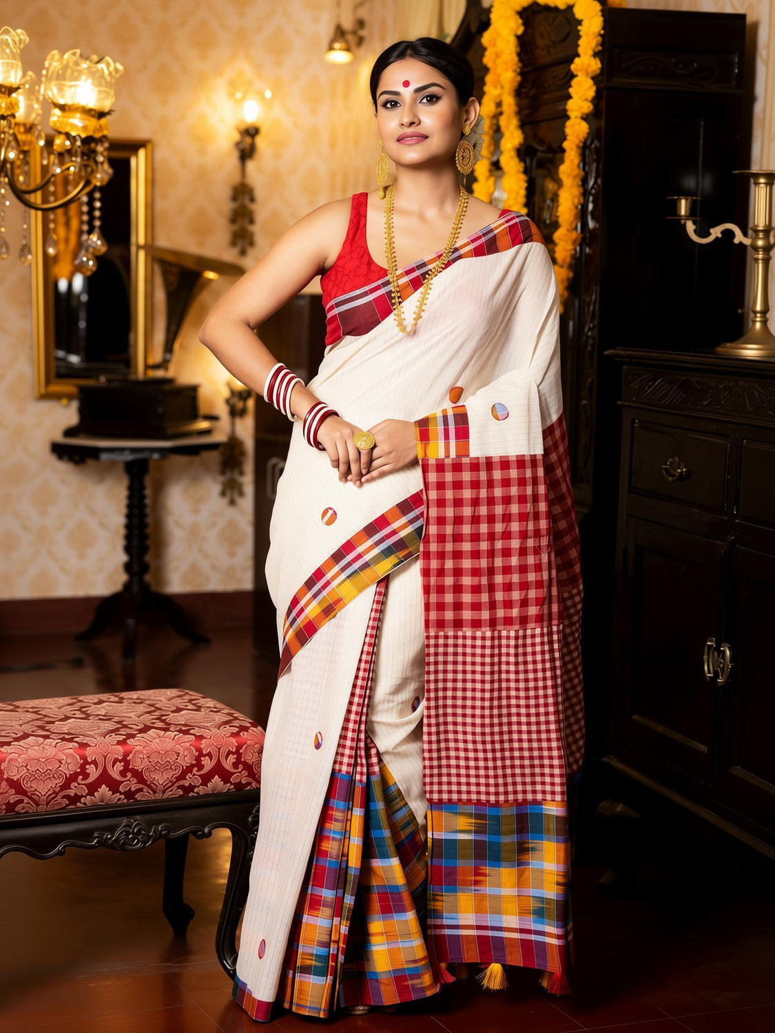 Nakshipar Checkered, Woven, Striped Handloom Pure Cotton Saree