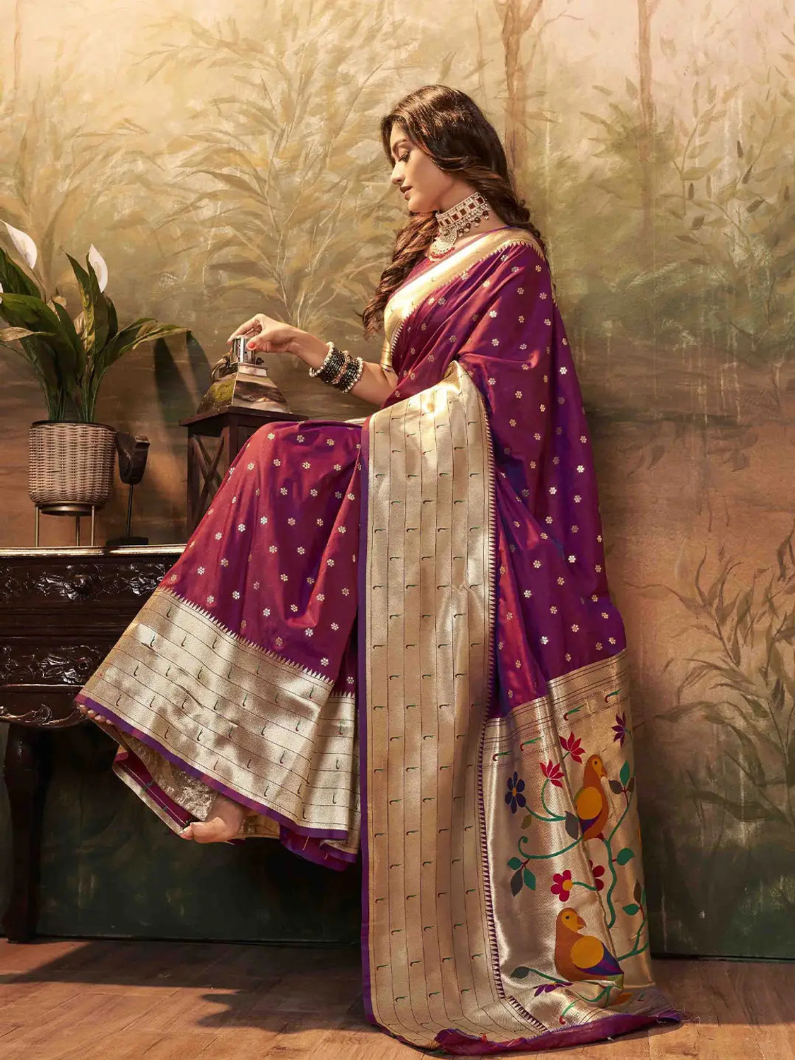 Image of Kalapushpi Woven Paithani Silk Blend, Pure Silk Saree