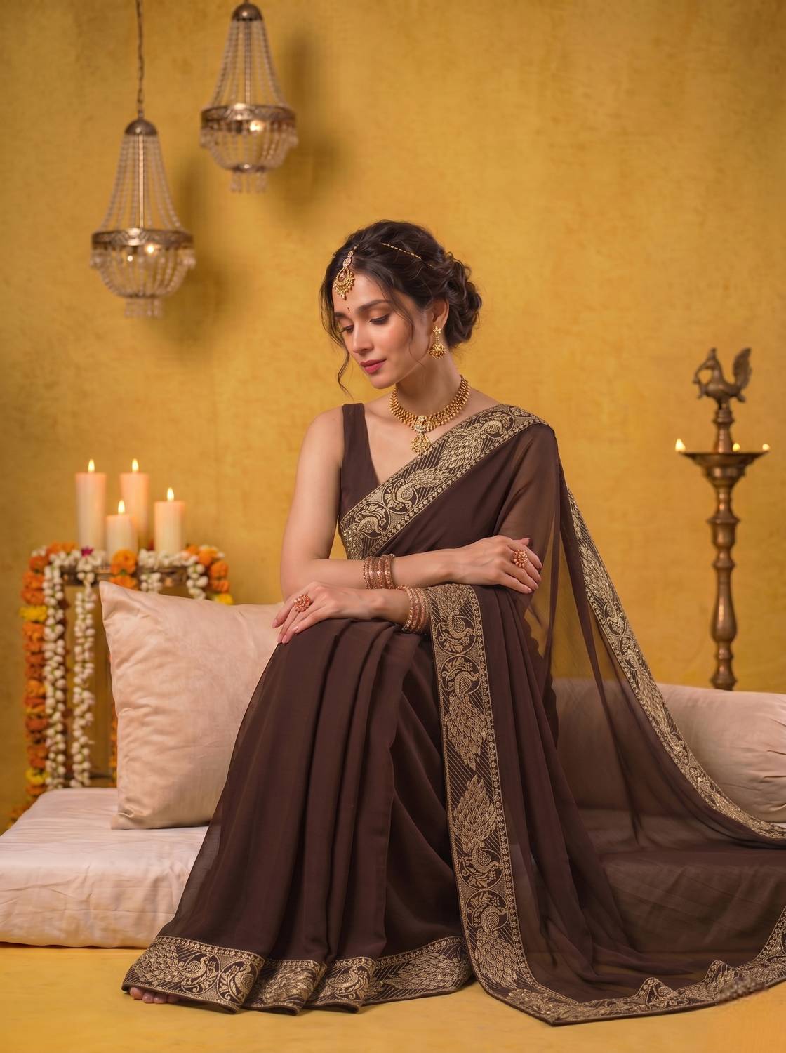 Anugrah Textile Self Design Banarasi Lycra Blend, Chiffon Saree