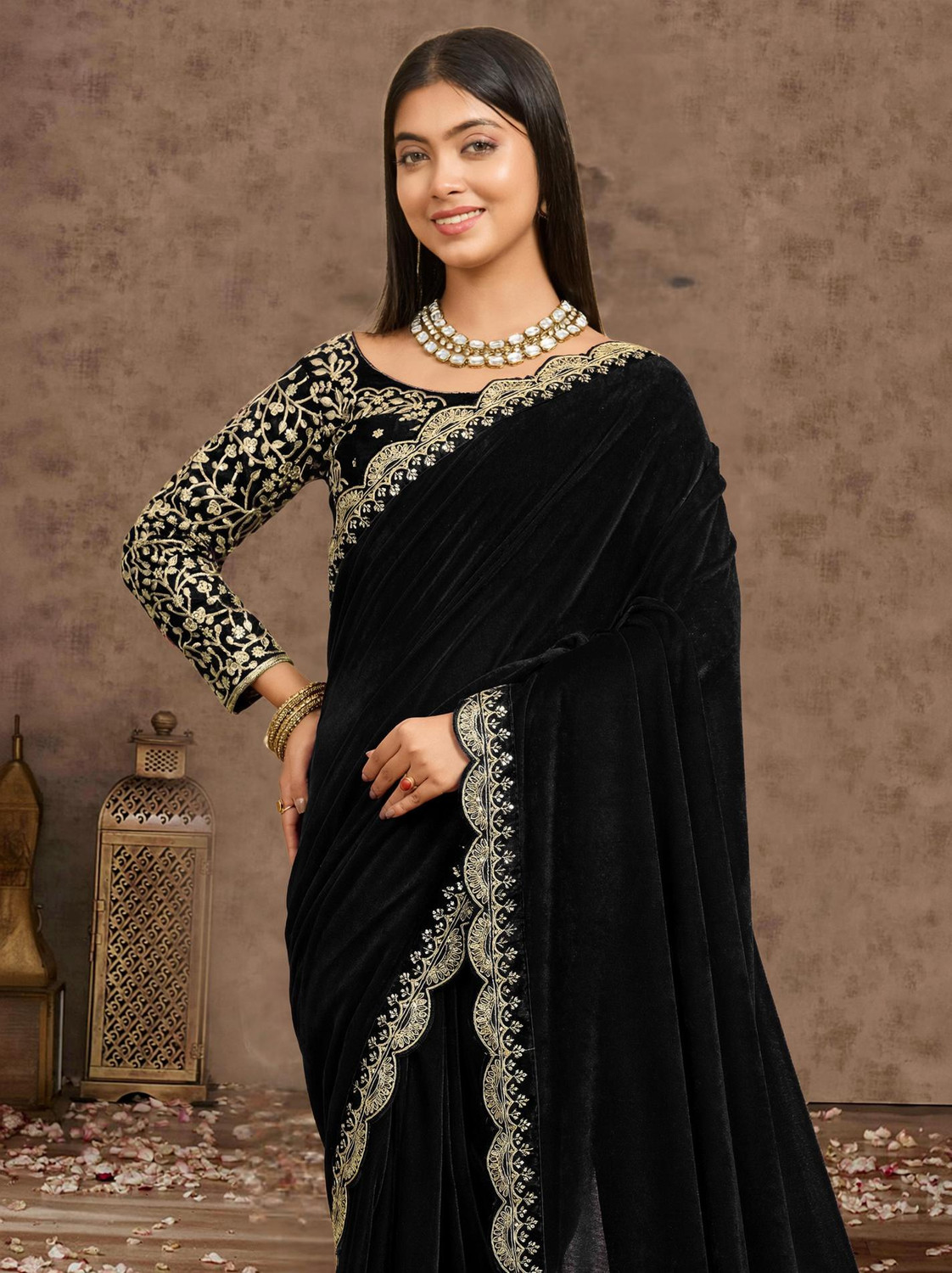 Image of adelyn Embroidered Banarasi Velvet, Cotton Blend Saree