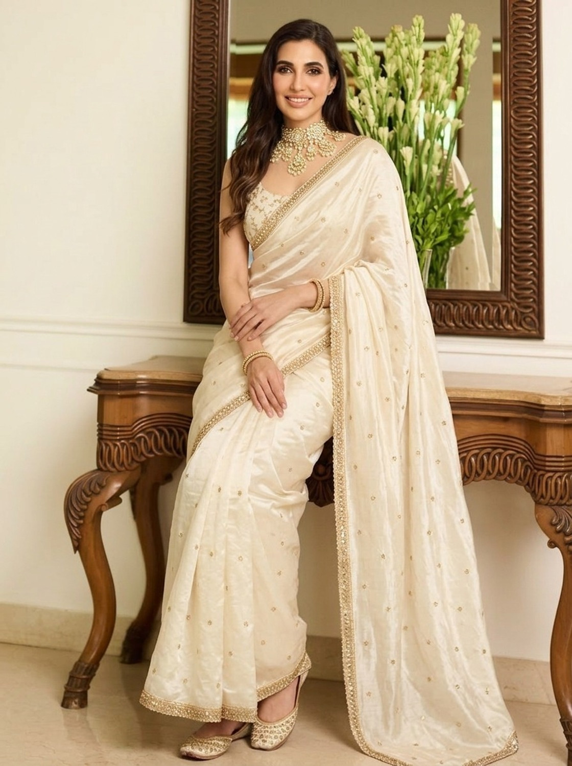 Image of Kalista Embroidered, Embellished Bollywood Satin Saree (White, Gold)