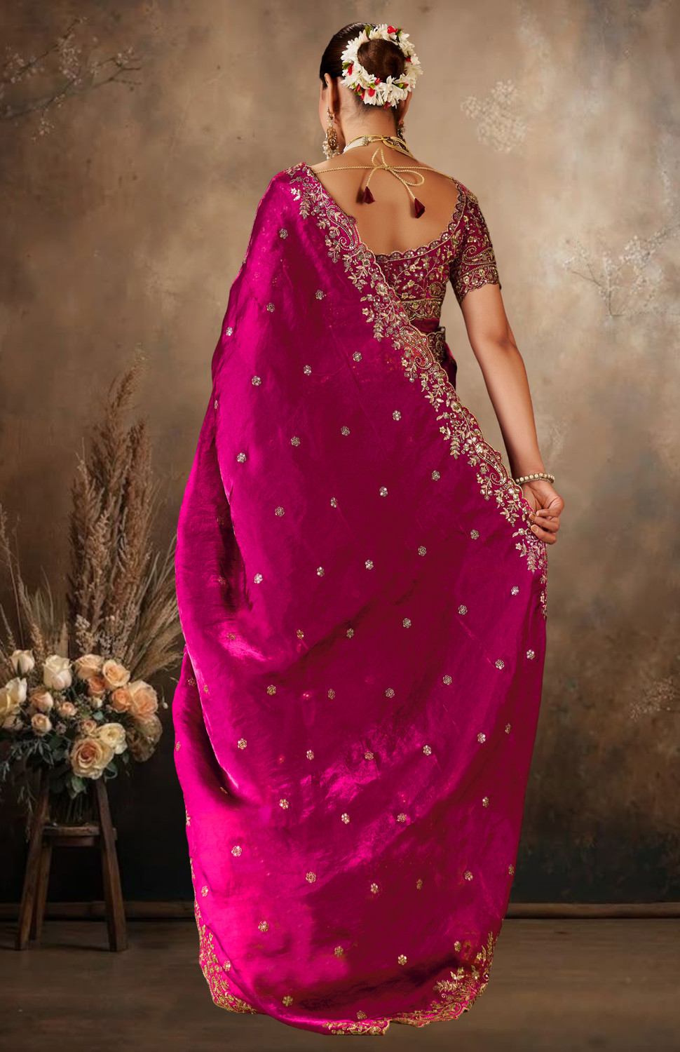 Image of DESTY Embroidered, Embellished, Floral Print Bollywood Jimmy Jimmy, Tussar Silk Saree