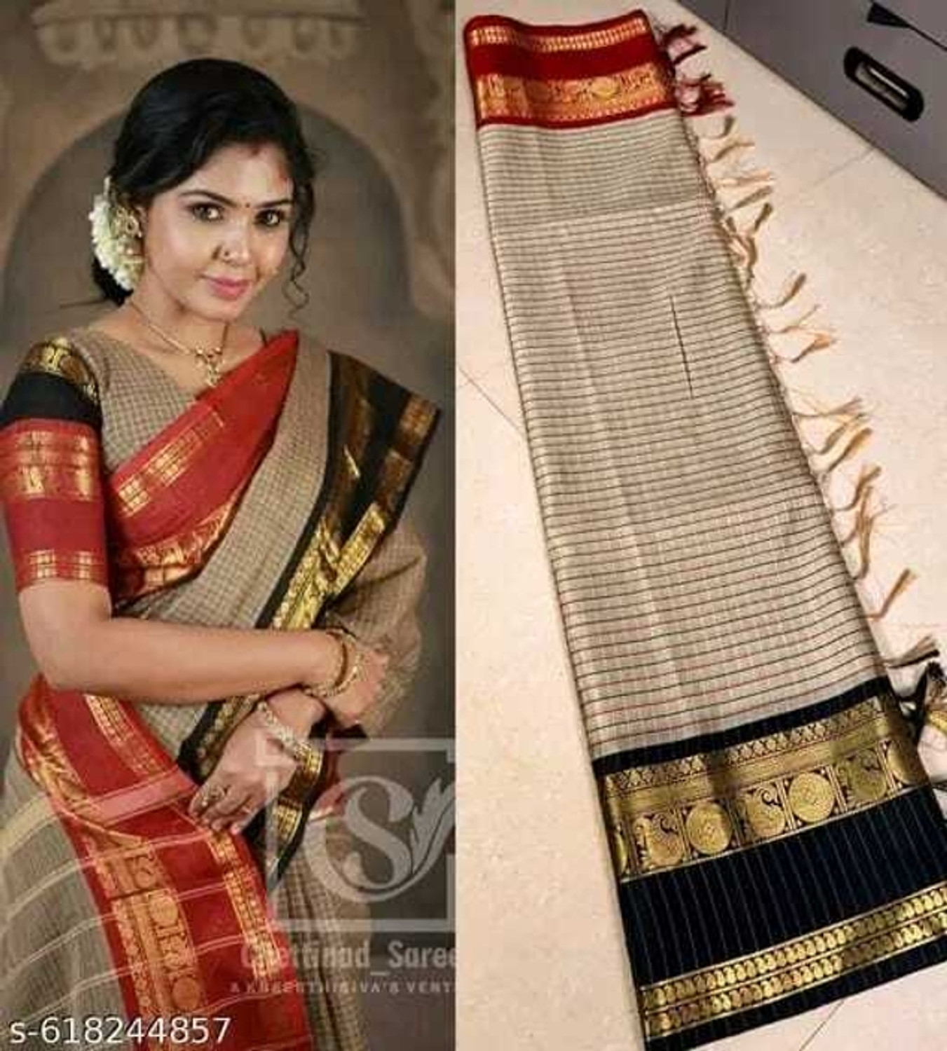 Image of ALPENIKA Checkered, Woven Chettinadu Jacquard Saree