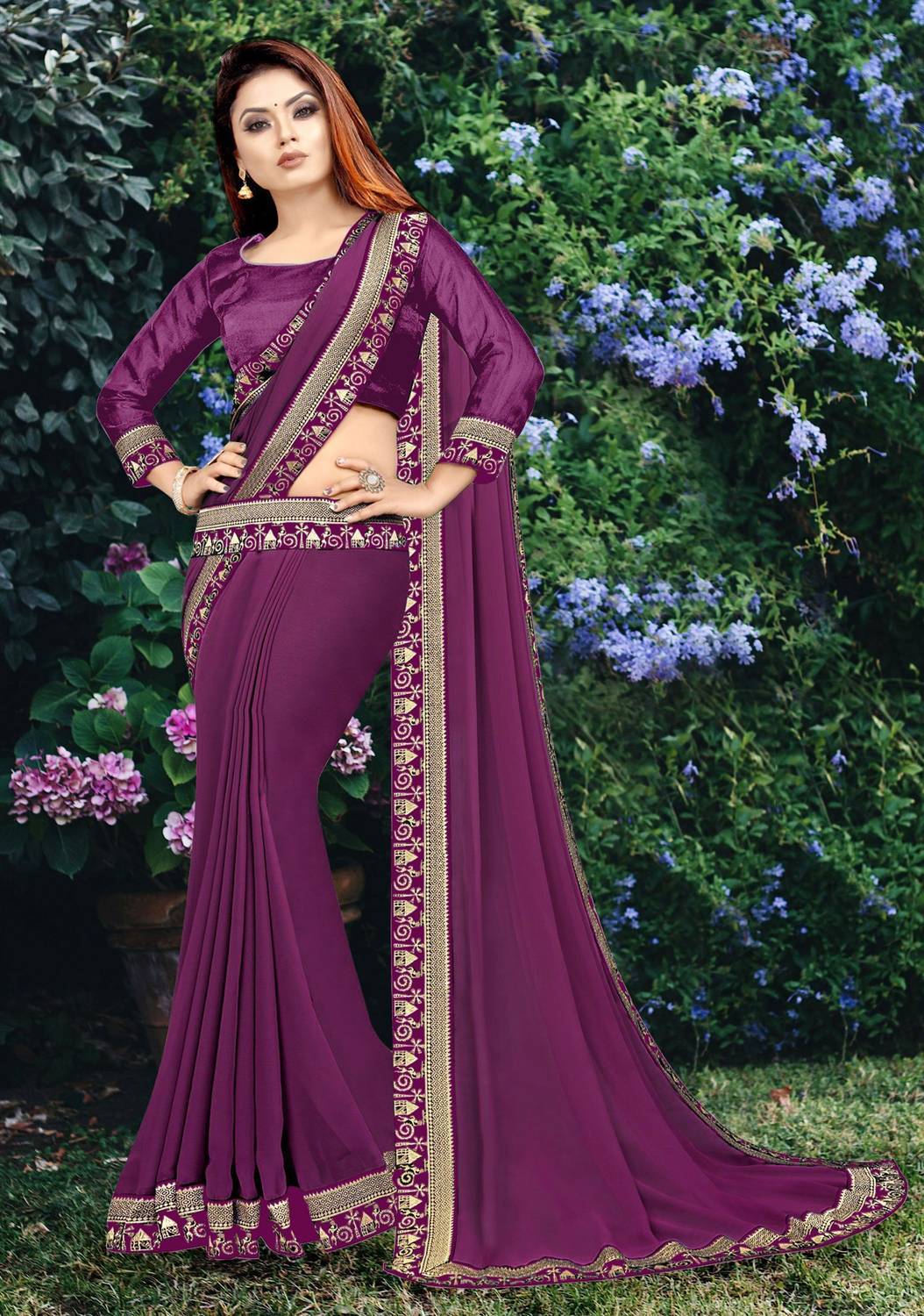 HNC Retail Solid/Plain Bollywood Lycra Blend, Chiffon Saree (Purp