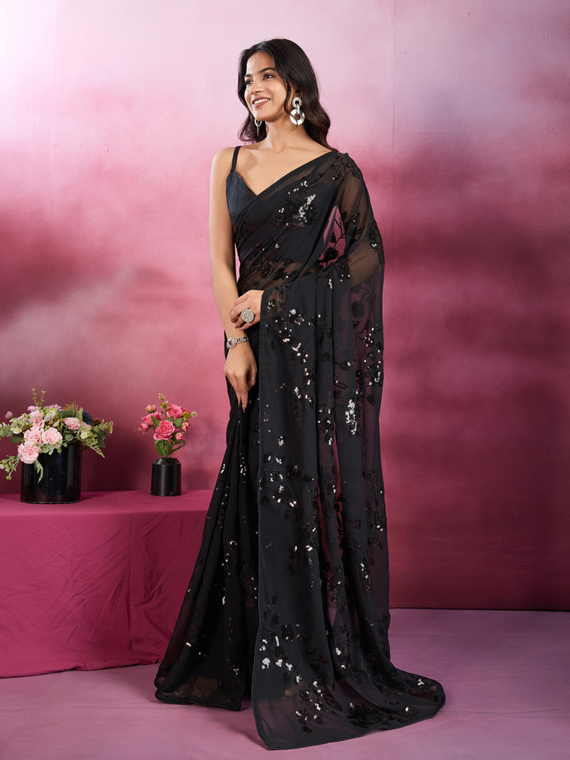 Image of Clemira Self Design, Embellished Bollywood Georgette Saree