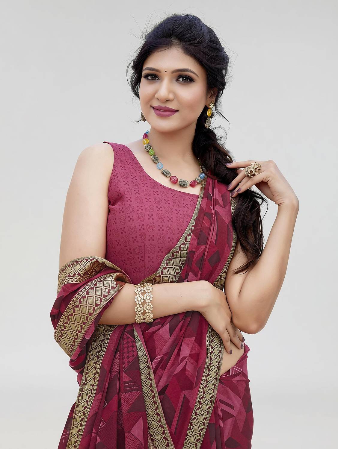 ANIRAV Printed Bollywood Georgette, Lace Saree