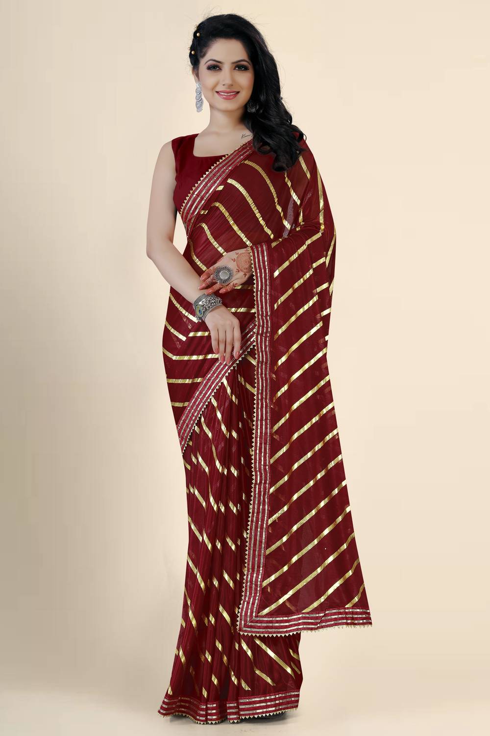 AKFABRICS Striped Bollywood Lace Saree