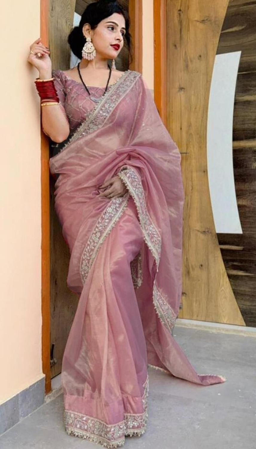 Image of ShivGori Embroidered, Embellished Bollywood Tissue, Net Saree (Pink, Gold)