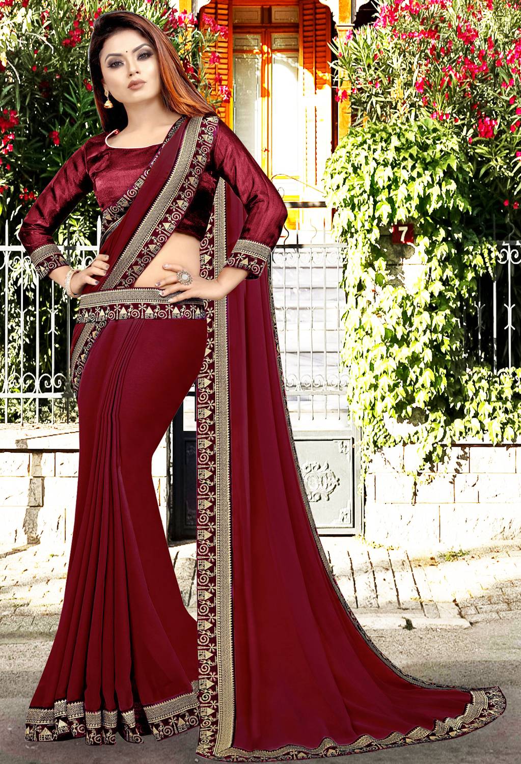 HNC Retail Solid/Plain Bollywood Lycra Blend, Chiffon Saree (Maro