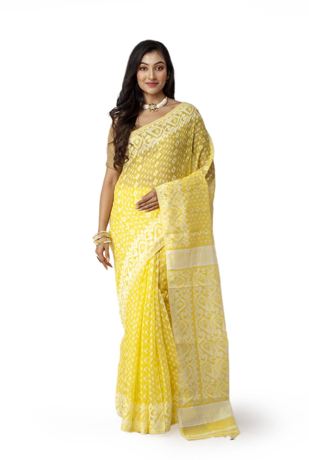 New Sareee Center Woven Jamdani Pure Cotton Saree (Yellow)