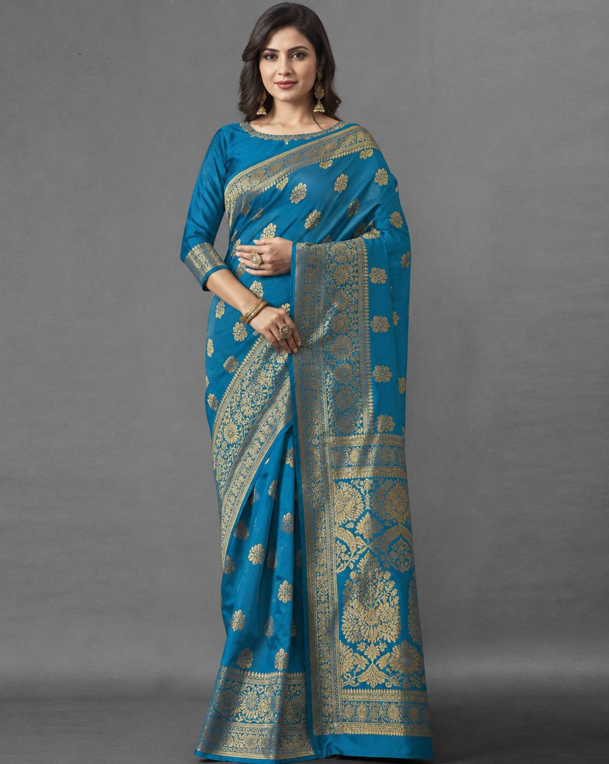 TIGERSNAKE Woven Kasavu Silk Blend Saree (Light Blue)