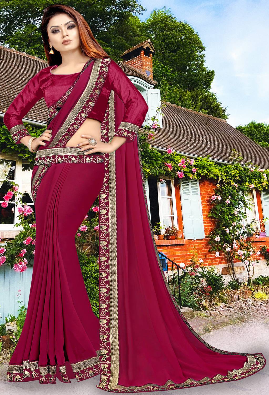 HNC Retail Solid/Plain Bollywood Lycra Blend, Chiffon Saree (Pink