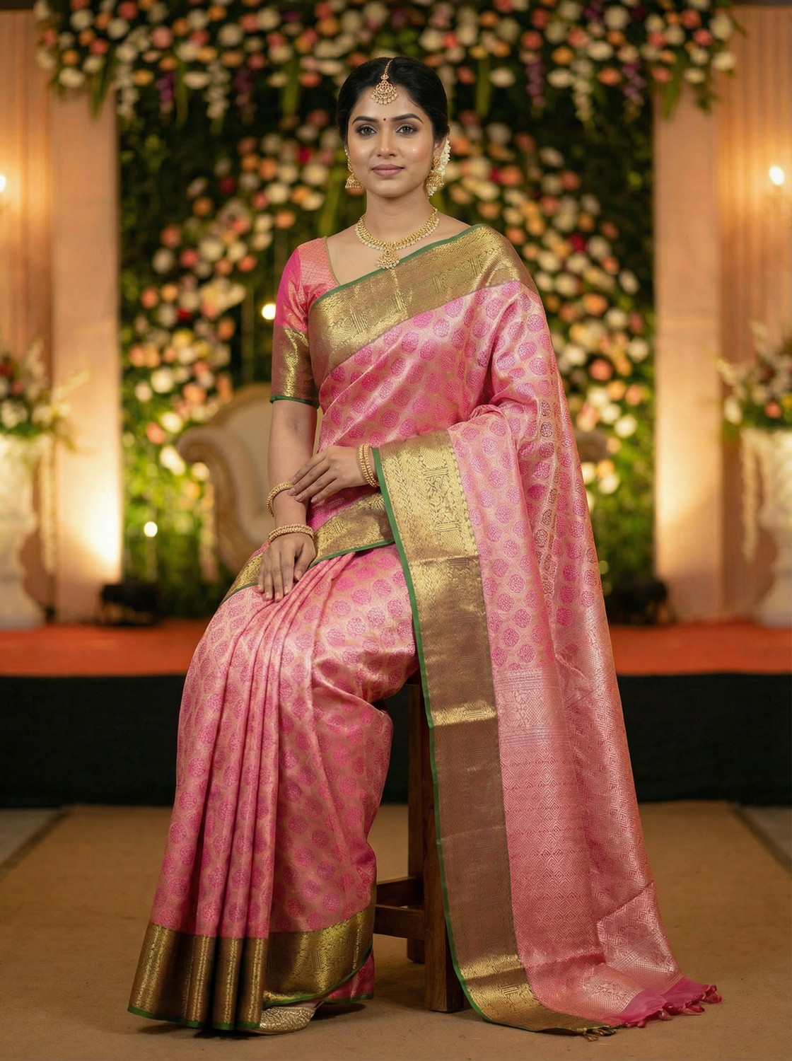 Image of MIMOSA Embellished, Paisley, Temple Border, Woven Kanjivaram Art Silk Saree